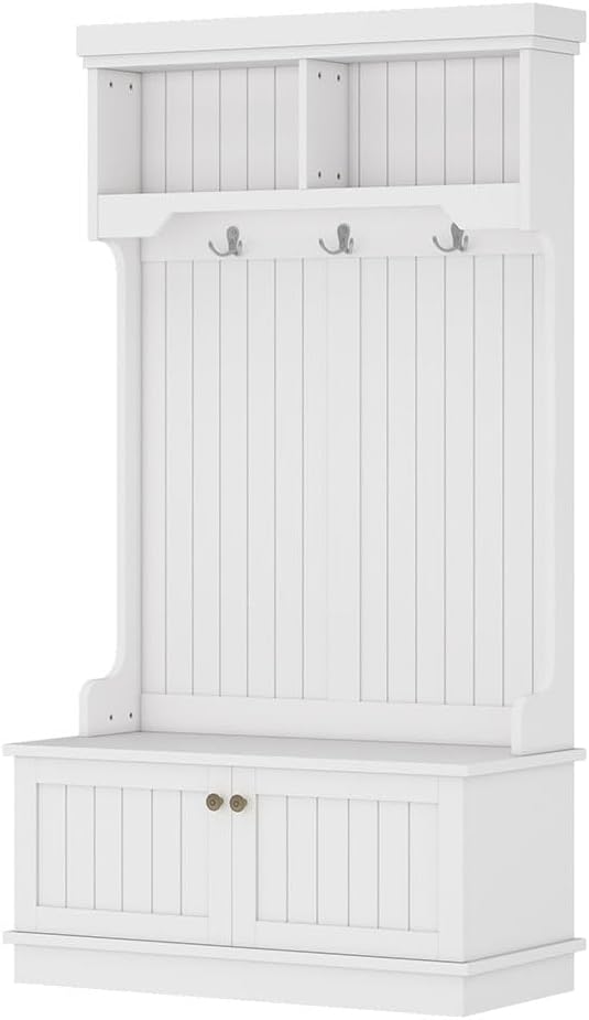 Hall Tree, Modern 4-in-1 Storage Hall Tree with Bench, Multi-Purpose Home Organizer with Coat Rack and Hooks, Entryway Coat Rack for Living Room, Hallway,White