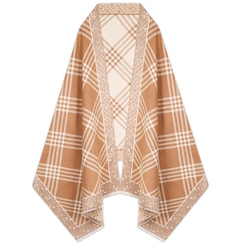 Relang Scarfs for Women Pashmina Silky Shawl Wrap for Evening Dressing Blanket Open Front Poncho Cape Khaki Diagonal Plaid Pattern