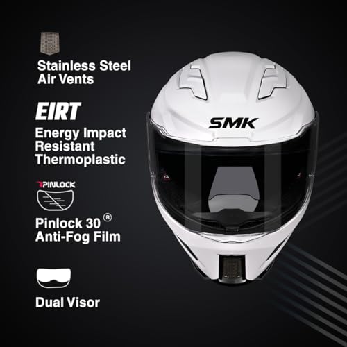 Image of SMK Agnar Solid ISI DOT & ECE 06 Certified Full Face Helmet with Pinlock 30 Antifog Visor (White - S)
