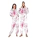 Poeticcity Couples Matching 1 PC Pajama, Unisex Soft Fleece Zip Up Hooded Pjs Jumpsuit Sleepwear Playsuit Lounge-wear(XXL) Watercolor Pink Flamingos and Peonies Floral Flowers on White