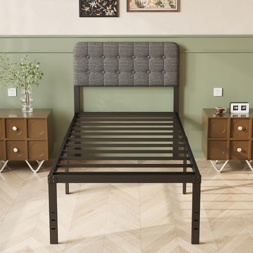 Lutown-Teen Somier 90 x 190 cm con Cabecero Tapizado Curvo, Cama 90x190 cm de Metal con Soporte de Lamas de Acero, Altura 46 cm, Almacenamiento Debajo de la Cama, Fácil Montaje, Libre de Ruidos, Gris