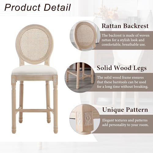 Butacos de estilo francés, juego de 4, altura 26 pulgadas, estructura de madera maciza y asiento tapizado en lino, diseño rústico y elegante, ideal para isla de cocina o comedor (Beige) miniatura 4