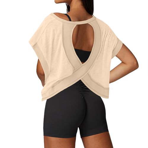 Image of UNIANKIYA Open Back Workout Tops for Women Loose Fit Athletic Crop Tee Short Sleeve Gym Running Yoga Shirt