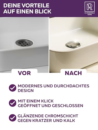 M. ROSENFELD HOME Ablaufgarnitur Waschbecken mit Überlauf 1 1/4\ – Push Open Pop Up Ablaufventil für Waschtisch, Waschbeckenablauf & Abflussgarnitur, Waschbecken Zubehör