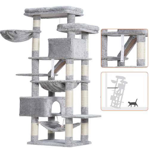 Image of Heybly Cat Tree, 71-Inch-Tall Tower for Indoor Cats with 2 Perches HCT034W | Large Cat Furniture with 2 Big Condos, 2 Hammocks, Basket, Scratching Pad, Multi-Level Cat Condo, Light Gray