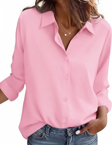 Zeagoo Camisa Mujer Sin Planchado Blusa Elegante Manga Larga Camisas Rosa M