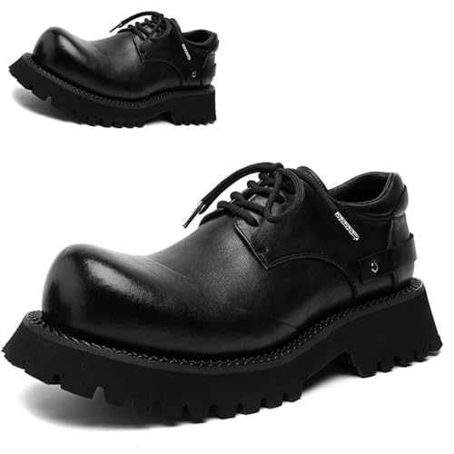 Mens Black Leather Platform Lace Up Dress Oxfords Shoes Classic Wide Round Toe Comfort Non-Slip Chunky Heel Lug Sole Heightening Derby Shoes