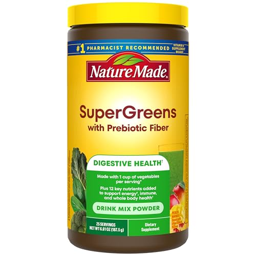 Nature Made Super Greens Powder with Prebiotic Fiber Drink Mix Made with 1 Cup Veggies Per Serving Fiber Supplement + Vitamins and Minerals 25 Day Supply