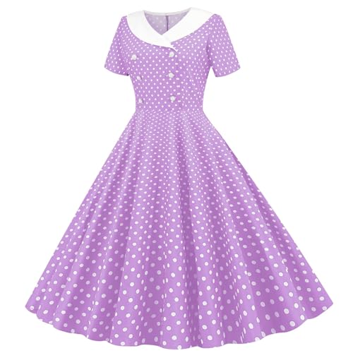 5-14T Girls Swing Dresses 1950s Vintage Polkadots Short Sleeves Lapel Shirts Princess Dress Beach Party Sundress2