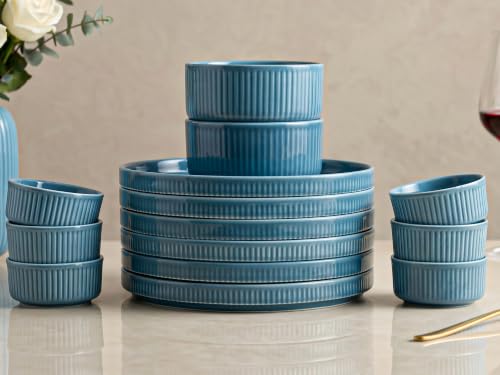 Image of Bodhi House 14-Piece Ribbed Porcelain Dinner Set for 6 | 6 Dinner Plates, 6 Katori & 2 Serving Bowls, Lightweight Microwave & Dishwasher Safe Set for Home & Gifting, True Blue