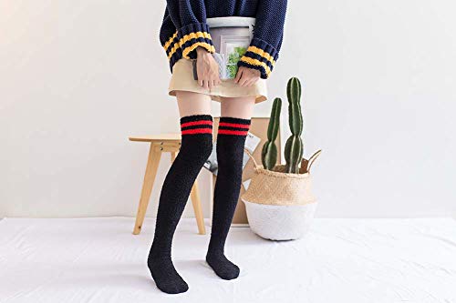 Image of Wander G Womens Over Knee High Fuzzy Socks Cute Cartoon Thigh High Stockings Warm Stripe Leg Warmers