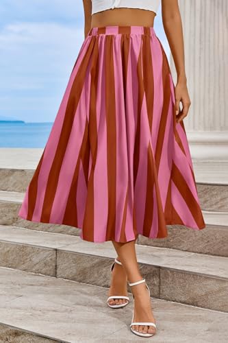 Image of Cicy Bell Womens Summer Striped Maxi Skirts A-Line Beach Vacation Outfits | Elastic Waist, Side Pockets, Flowy, Midi Length, Color Contrast, Trendy Casual