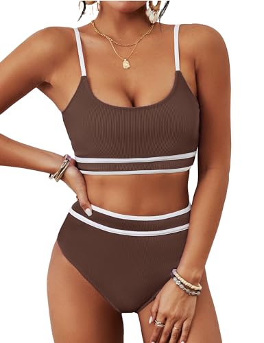 Image of BMJL Women's High Waisted Bikini Ribbed Two Piece Swimsuit High Cut Color Block Adjustable Straps Bathing Suit