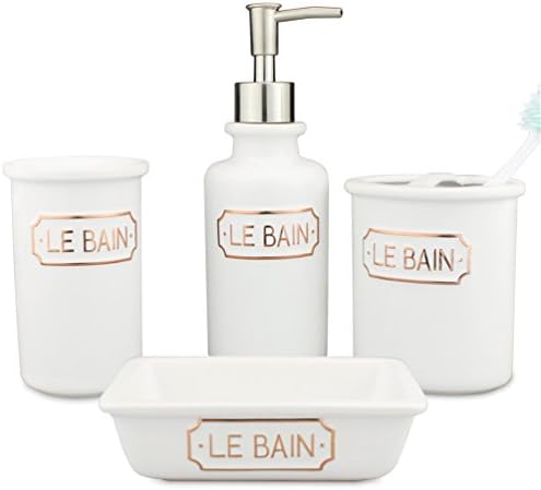 4-Piece Ceramic Bathroom Accessories Set Matt White With Golden LE BAIN Alphabet - Porcelain Includes Toothbrush Holder, Tumbler, Soap Dish, Dispenser Pump - Pottery Modern and Contemporary Design