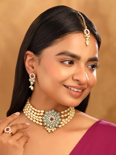 Image of Yellow Chimes Pearl Jewellery Set for Women | Traditional Gold Plated Choker Set for Girls | Golden Pearl Necklace Set | Birthday Gift for Girls & Women Anniversary Gift for Wife
