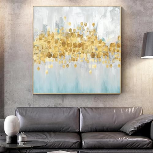Pintura al óleo abstracta y moderna sobre lienzo de playa de dinero dorado, mural elegante 20x20cm