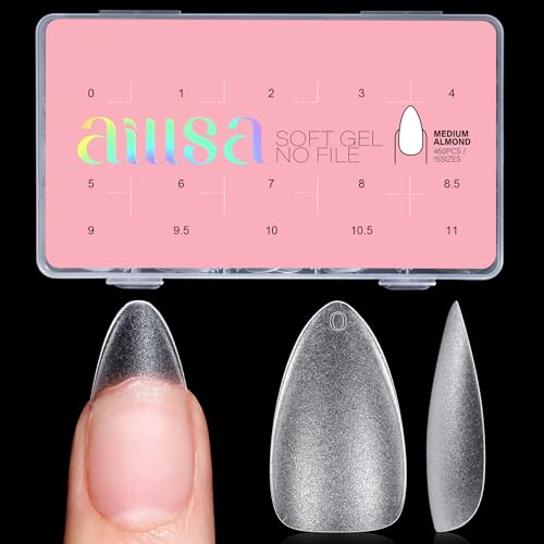 AILLSA Medium Almond Nail Tips 450PCS Full Cover Clear Acrylic Nail Tips Double-Sided Matte No Need Base Coat Nail Tips Press on Fake Nail Tips for Nail Tips Extension False Nails DIY Salon 15 Sizes