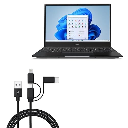 BoxWave Cable Compatible with Nokia PureBook S14 (16 GB) - AllCharge 3-in-1 Cable - Jet Black
