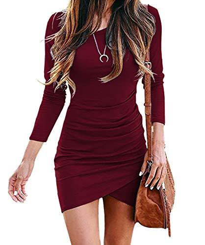 HiMONE Women Long Sleeve Elegant Ruched Bodycon Wrap Casual Irregular Hem Short Dress Wine Red Medium