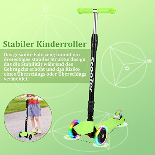 6. Bild von Tubiaz Kinderroller, Dreiradscooter mit 3 LED Leuchtenden Räder, Höhenverstellbarer Kinder Scooter, Faltbar Tretroller, Hinterbremsen, Maximale 50 KG, für Kinder Roller ab 3-14 Jahre