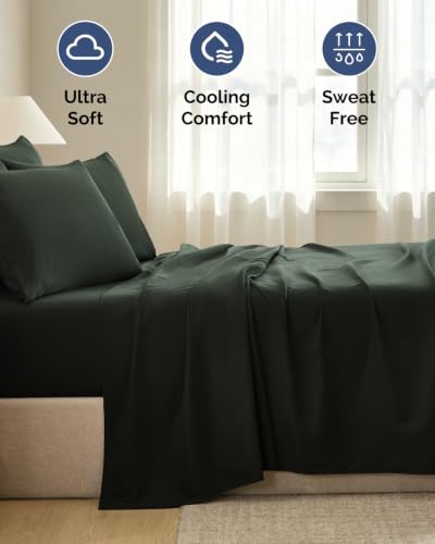 Image of King 6 Piece Bed Sheet Set - Breathable & Cooling Sheets - Forest Green