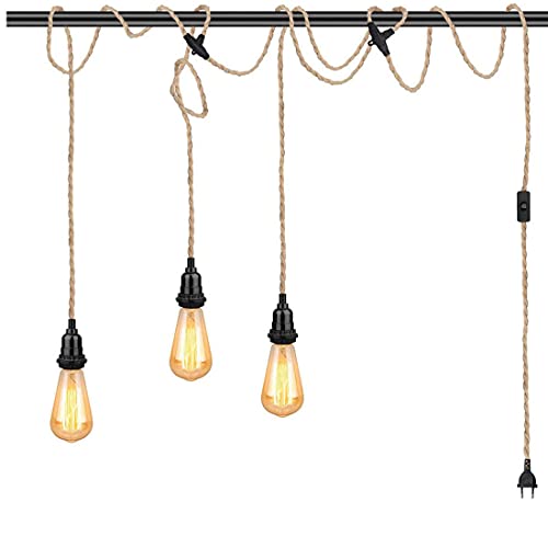 Puhui Suspension rétro en corde de chanvre avec interrupteur et prise, lampe suspendue de salle à manger vintage câble de lampe de lampe bricolage 8,8 mètres torsadée, 3 × E27 douille Cover