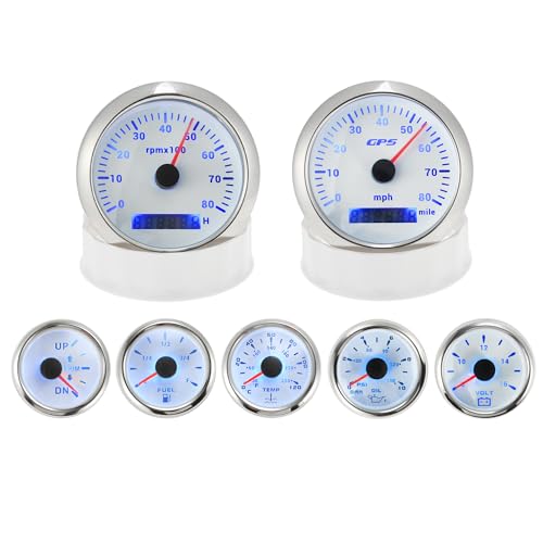 PARSLUCK 7 Gauge Set 3-3/8 85mm GPS Speedometer Tachometer 2-1/16 52mm Oil Pressure Fuel Level Water Temperature Voltage Meter Trim Waterproof Marine Boat Car Truck Gauges Kit White