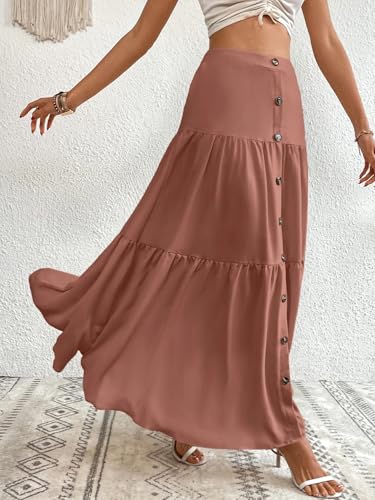 Women's Elegant Button Front Ruffle Hem Skirt Maxi Long Skirts4
