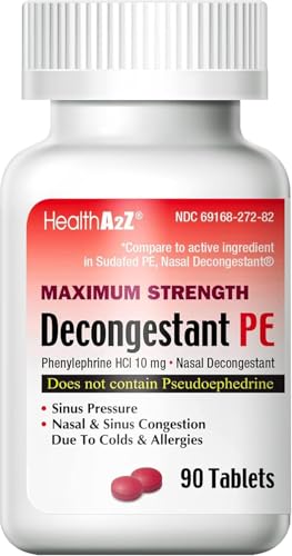 HealthA2Z Decongestant PE | Phenylephrine HCl 10 mg | Maximum Strength | Nasal & Sinus Congestion Relief Due to Cold & Allergies (90 Count (Pack of 1))