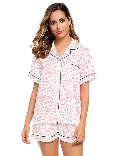 Image of LecGee Womens Silk Satin Pajamas Set Short Sleeve Sleepwear Button Down Nightwear Soft Pj Lounge Sets