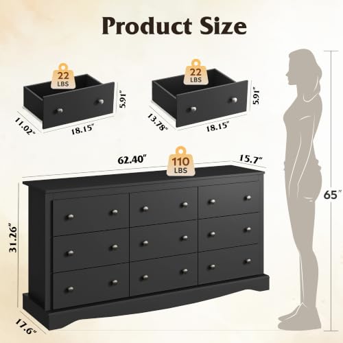 WLIVE 63" Dresser for Bedroom, Modern 9 Drawer Dresser with Exclusive Anti-Tip Structure, Large Wooden Chest of Drawers with Metal Handles for Living Room, Hallway, Closet, Home Furniture, Black