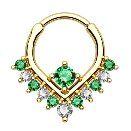 OUFER 16G Vförmig Septum Piercing Chirurgenstahl 316L Grüner CZ Daith Helix Ring Schmuck 10 mm Gold Septum Clicker für Frauen Knorpel Ohrpiercing