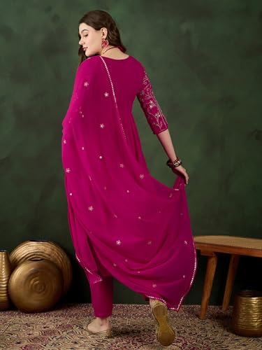 Image of SheWill Kurta Set for Women - Maroon Velvet Zari Sequence Cording Embroidered Kurta with Pant and Cutwork Organza Dupatta