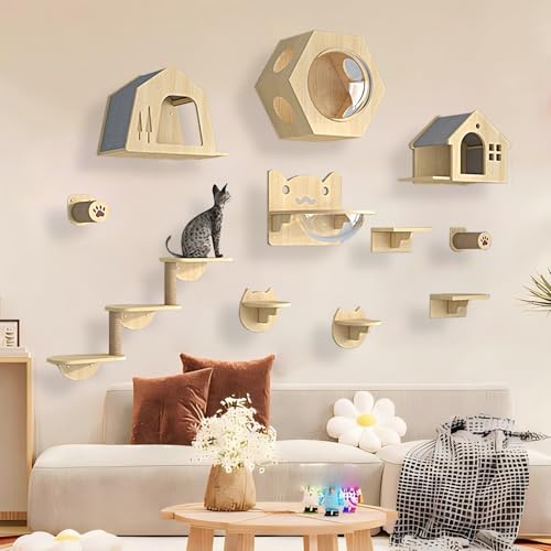 壁掛け式猫用ステップ キャットウォーク 木製 キャットステップ、キャットウォーク,猫ハンモックベッド、猫はしご、猫爪とぎポスト、猫ブリッジが含まれます、独立したクリエイティブマッチング(11PCS)