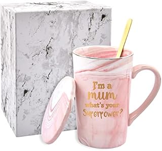 Yrendenge Mum Gifts Marble Coffee Mugs Birthday Gifts for Mum Mother's Day Gifts Anniversary Christmas from Daughter Son Pink Ceramic Marble Coffee Cup Tea Mug with Lid, Gold Spoon, Gift Box, 14oz