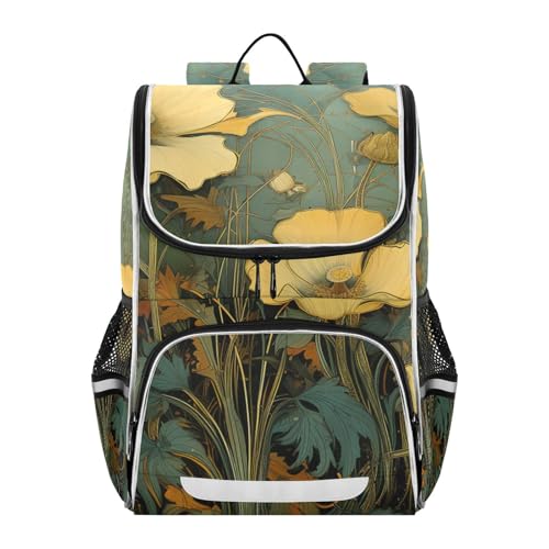 Mochila escolar reflectante con flores doradas y compartimento portátil