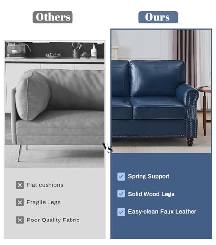 Image of Kingfun Mid-Century Modern Couch, Faux Leather Sofa Set, 3 Seater Couch for Living Room with Rolled arms & Nailhead Trim, Blue