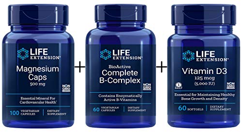 Life Extension Magnesium 500mg, 100 Vegetarian Capsules, Bio-Active Complete B-Complex, 60 Vegetarian Capsules, Vitamin D3, 5000 IU, 60 Softgels (Bundle of 3)