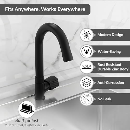 Image of Plantex Swan Neck for Bathroom with Brass Spindle /Pillar Cock Water Tap /Table Top Basin Tap with Teflon Tape - Pack of 1 (Black)