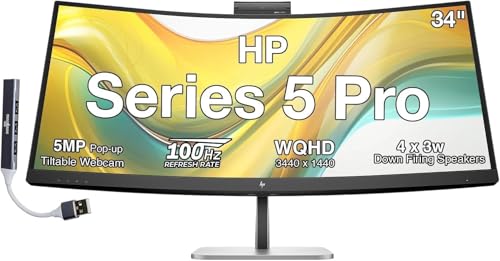 Image of HP Series 5 Pro 34 inch WQHD USB-C Monitor, Webcam, Speakers, Tilt, Swivel | 5MP Pop-up Webcam, Speakers, AI Noise Reduction, Height Adj, 1 Pack w /DKZ USB Hub