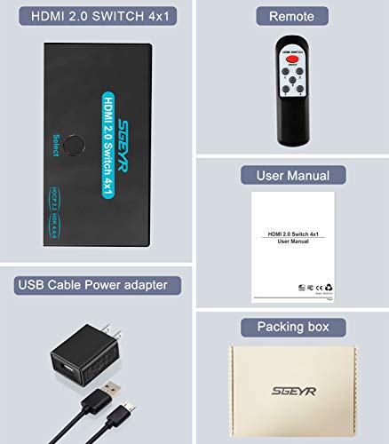 Sgeyr Hdmi 2.0 Switch 4 Port, Hdmi Switch Splitter 4 In 1 Out, Metal Hdmi Switcher 4K With Ir Remote, Support Hdcp 2.2 Support 4K@60Hz Ultra Hd 3D 2160P 1080P, Compatible For Ps3/Ps4,Xbox #TOP7