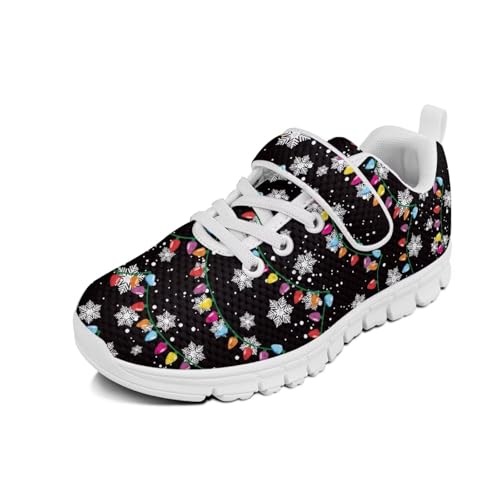 Christmas Colorful Lights Snowflake Pattern Boys Sneakers Kids Running Shoes Girls Mesh Fitness Shoe Indoor Training Sneaker Outdoor Sports Athletic Tennis Shoes for Little Kid（White Sole）