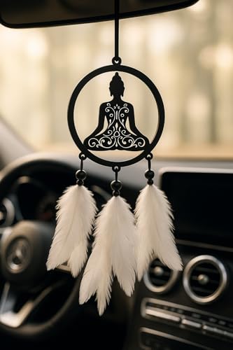 Image of CASSARINA Handmade Dream Catcher Car Ornament - Stylish Rear View Mirror Hanging Accessory - Elegant Car Interior Decoration - Good Luck & Positive Energy Charm (1, Design of Buddha)