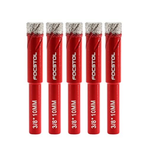 Dry Diamond Drill Bits Set - FOCSTOL 5pcs 10mm Diamond Hole Saw Kit with Round Shank for Ceramic Porcelain Tile Marble Granite