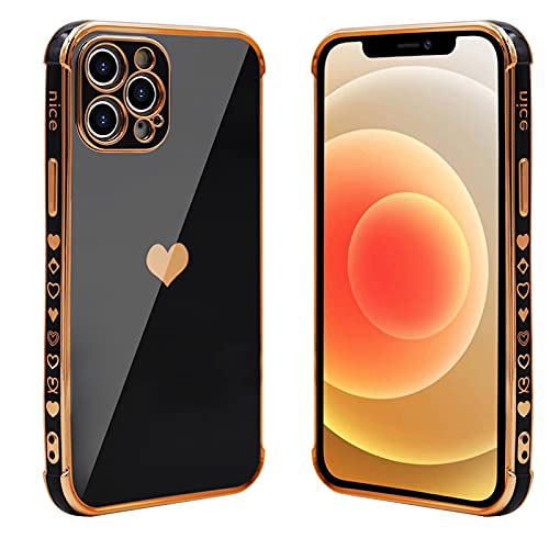 41QIIzIwI0S HUIYCUU for iPhone 12 Pro Max Case 6.7",Cute Glitter Sparkle Plating Loving Heart Pattern Side Print Design for Girls Women,Luxurly Screen Camera Protection Shockproof Soft Bumper Silicone Cover,Black