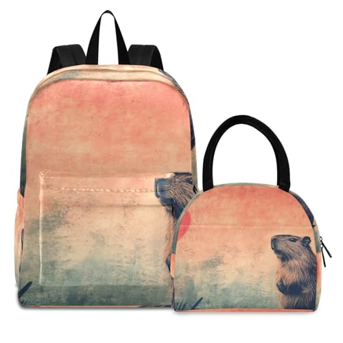 Heart Capybara Valentine Print Backpack Set with Lunch Bag, Large Capacity Travel Backpacks and Lunch Box Insulated for Commute Hiking Picnic