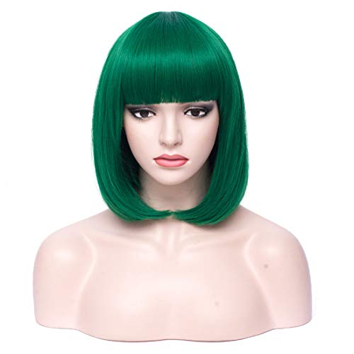 BERON 12 Inches Short Straight Bob Green Wig with Bangs for Women Halloween Cosplay or Daily Use Wigs (Dark Green)