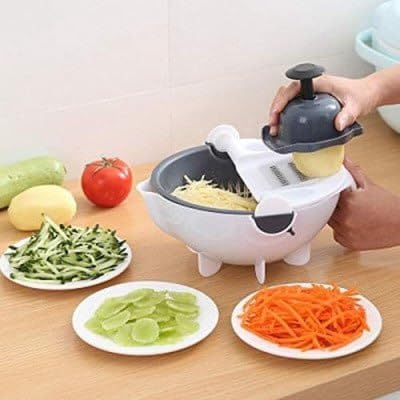 Cheshu Enterprise 9 in 1 Multifunction Portable Vegetable Cutter with Drain Basket Magic Rotate Vegetable Slicer Chopper and 9 Different Cutter Kitchen Tool (Plastic) (Pack of 1)