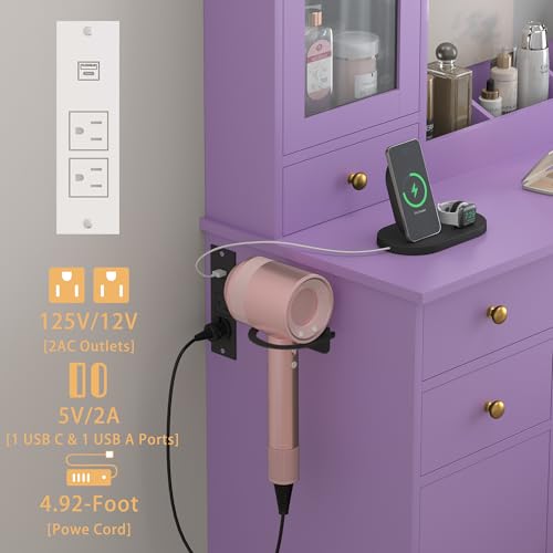 Image of Wodeer Vanity Desk with Mirror and Lights, 43 inch Purple Makeup Vanity Set with 5 Drawers & Glass Cabinets, Makeup Tray, Power Outlet & Adjustable LED Lights, Dressing Table for Women & Girls Bedroom