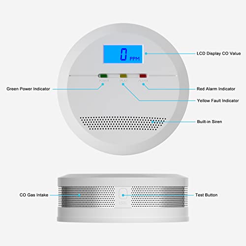 CO Melder EN 50291 Zertifiziert Kohlenmonoxid Melder, Kohlenmonoxid Warnmelder mit LCD Anzeige, CO Warnmelder mit Akkurater Sensor, Lauter 85 Db Alarm, Prüftaste, Batteriebetrieb, 2 Stück - Image 6